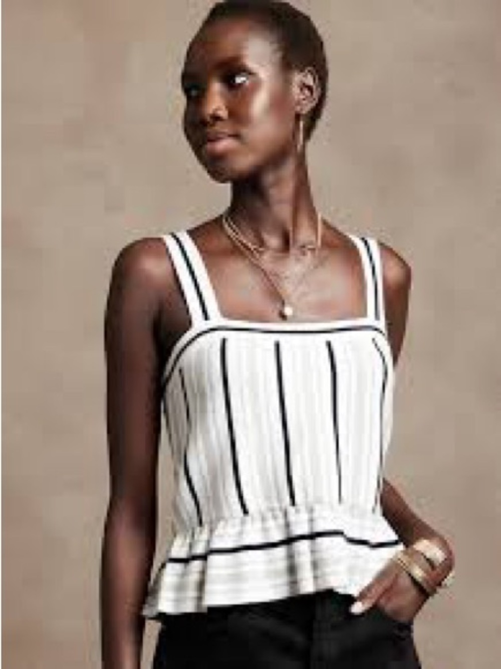 Banana Republic - Striped Square-Neck Peplum Sweater Top - White/Black